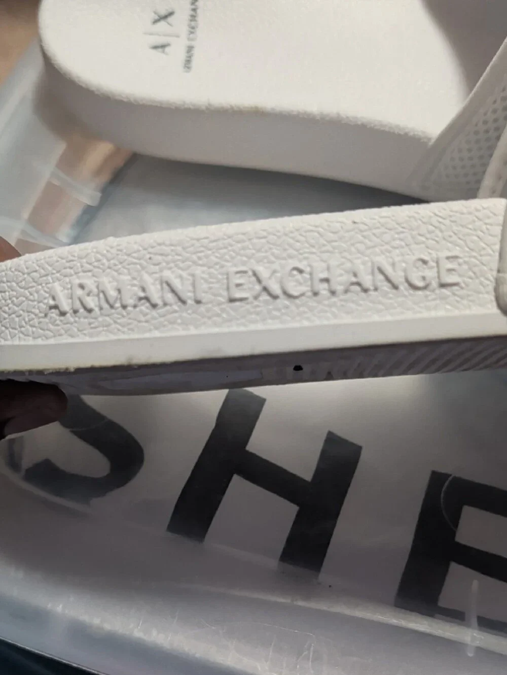 Men's Size 9.5 Armani Exchange White Slides with Bold Black Logo Strap